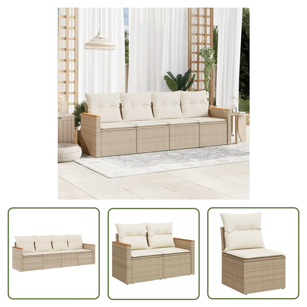 The Living Store 4-cz. zestaw mebli ogrodowych z poduszkami - beżowy - polirattan - Sofa Ogrodowa