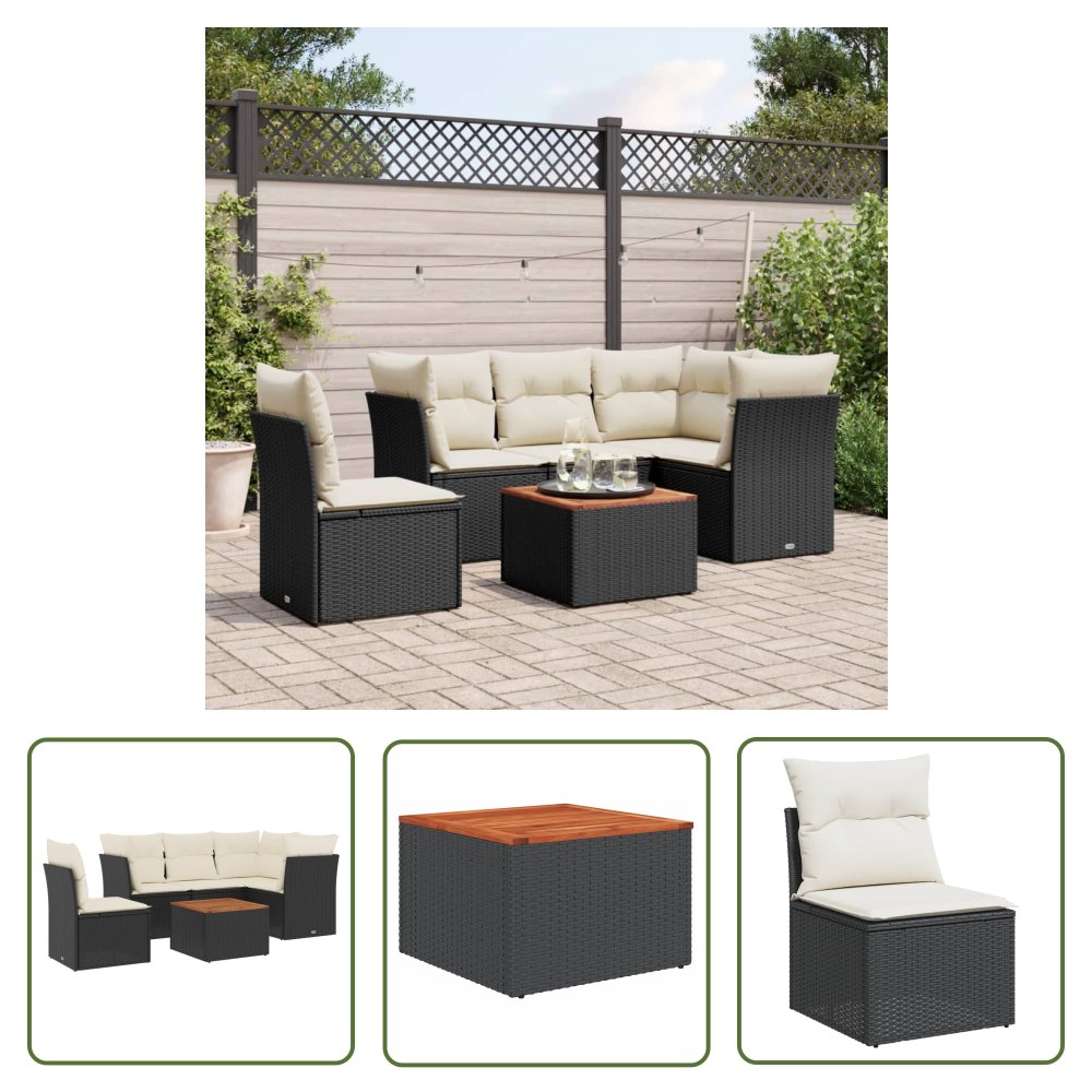 The Living Store 6-cz. zestaw mebli ogrodowych z poduszkami - czarny polirattan - Sofa Ogrodowa