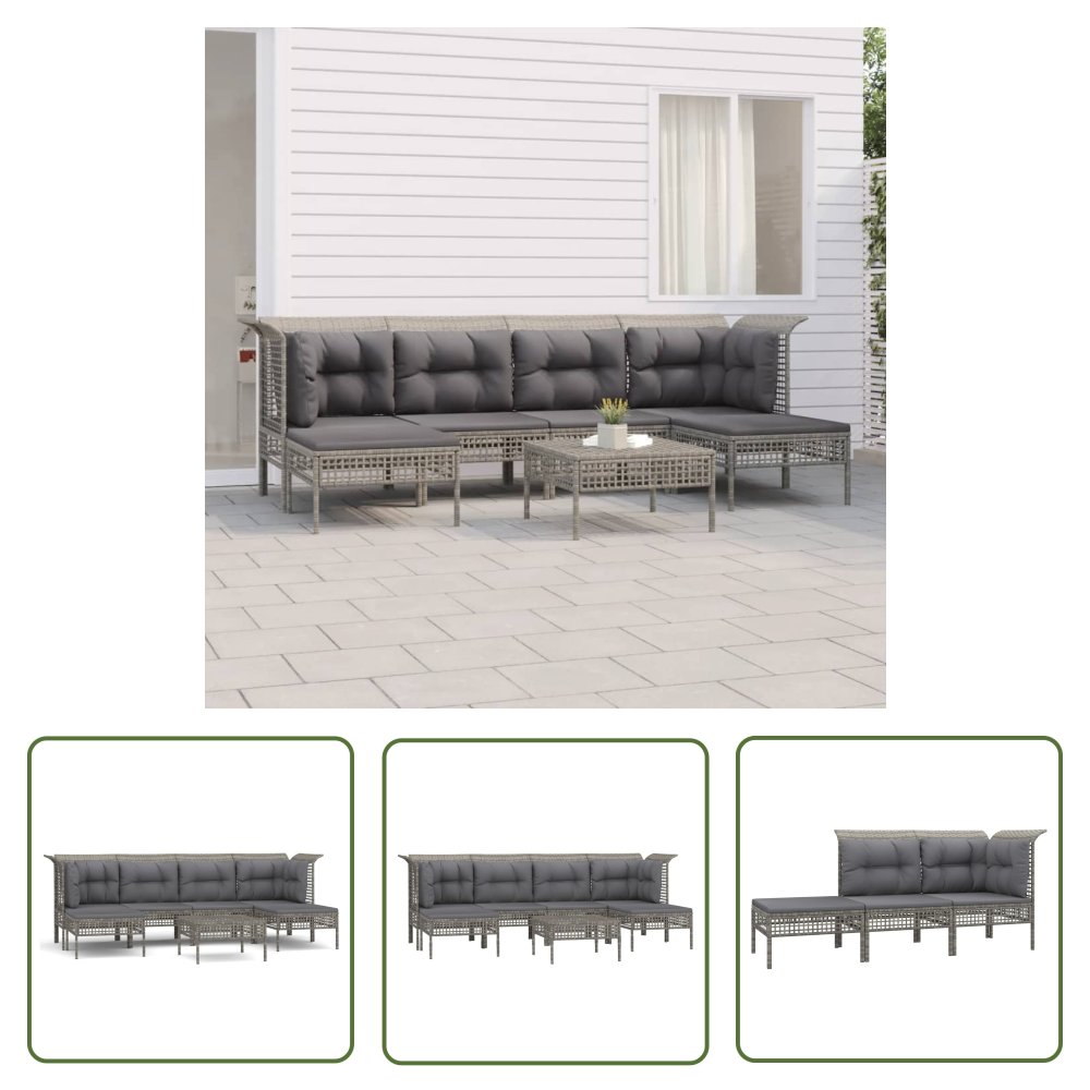 The Living Store 7-cz. zestaw wypoczynkowy do ogrodu - poduszki - szary - rattan PE - Zestaw Wypoczynkowy Do Ogrodu