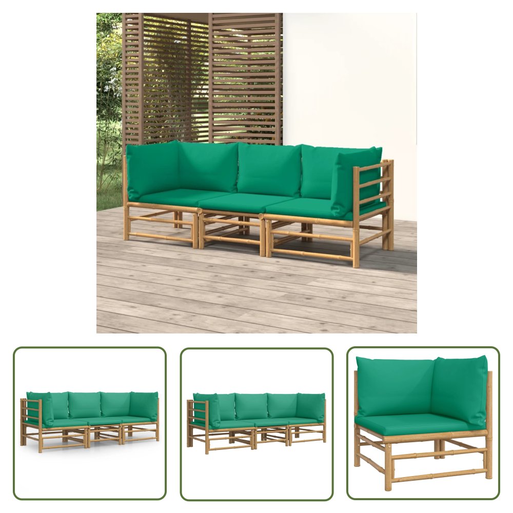The Living Store 3-cz. zestaw mebli do ogrodu - zielone poduszki - bambusowy - Zestaw Wypoczynkowy Do Ogrodu