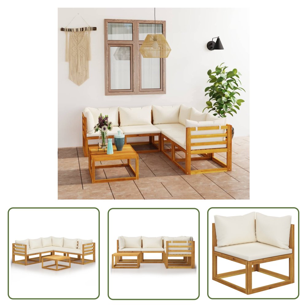 The Living Store 6-cz. zestaw wypoczynkowy do ogrodu - kremowe poduszki - akacja - Sofa Ogrodowa I Stół