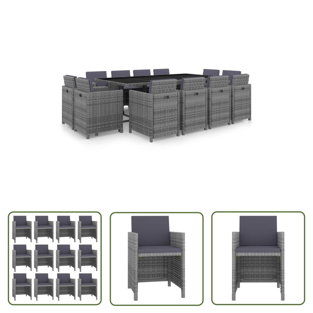 The Living Store 13-cz. zestaw mebli do ogrodu z poduszkami - rattan PE - antracyt - Ogrodowy Stół I Krzesła