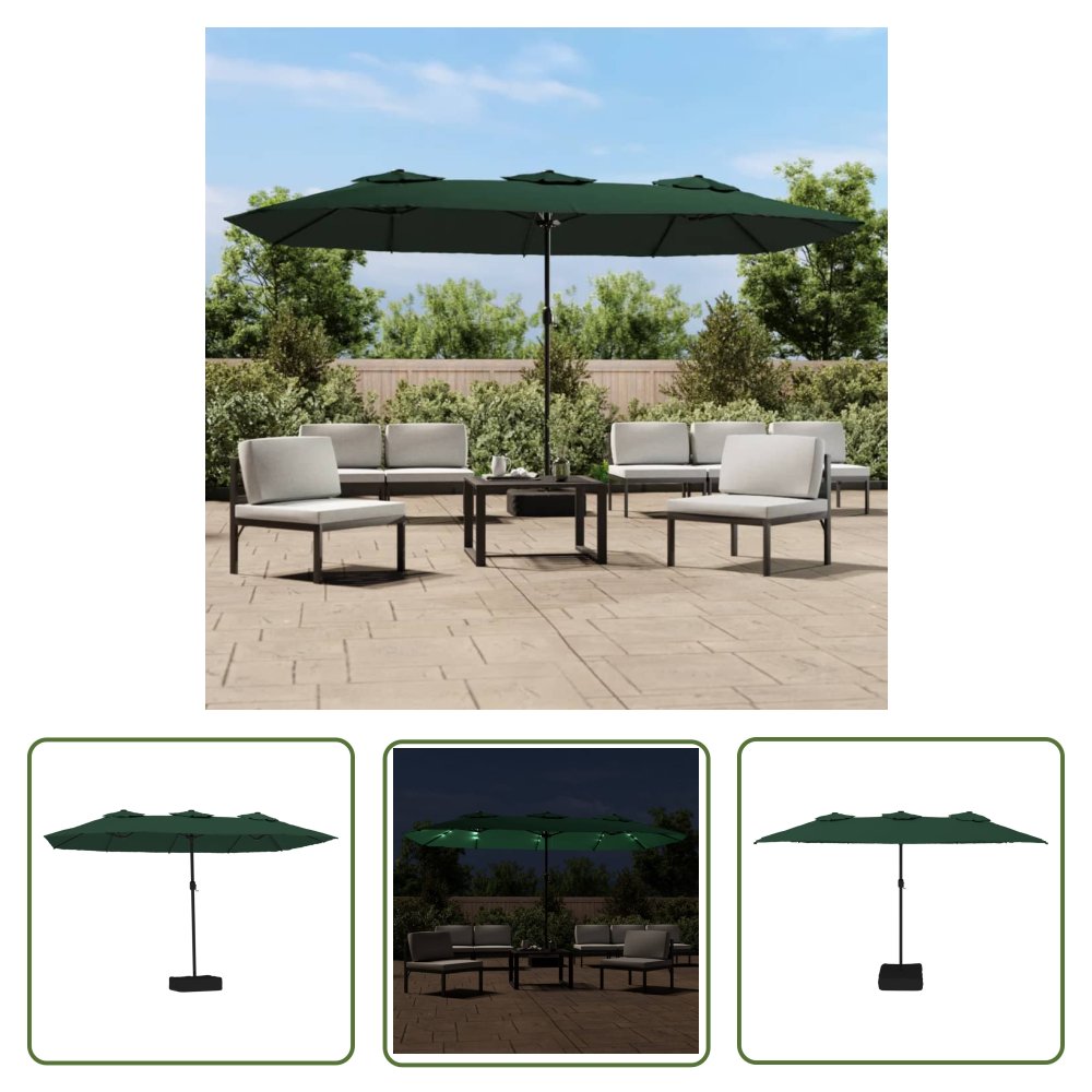 The Living Store Podwójny parasol ogrodowy z LED - zielony - 449x245 cm - Parasol Ogrodowy