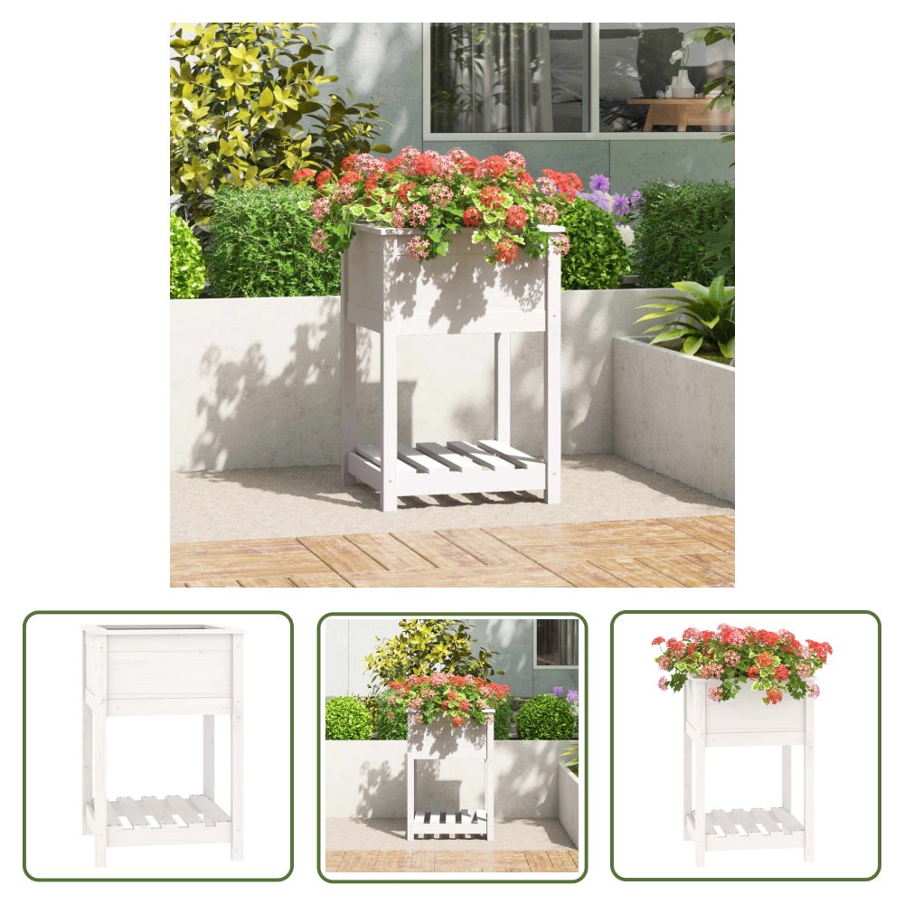 The Living Store Donica z półką - biała - 54x54x81 cm - lite drewno sosnowe - Donica Ogrodowa