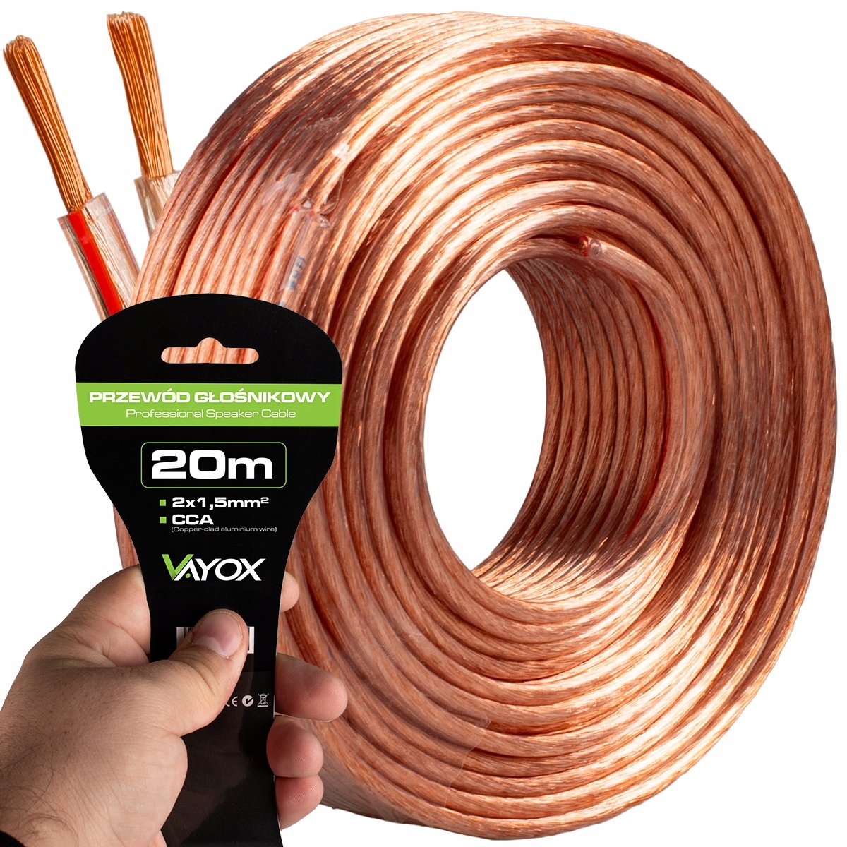 KABEL PRZEWÓD GŁOŚNIKOWY DWUŻYŁOWY PROFESJONALNY AUDIO HQ 2x1,5mm 20m VAYOX