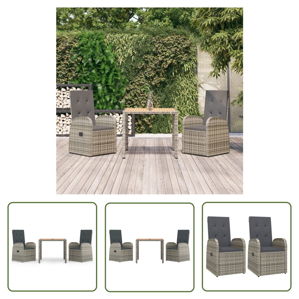 The Living Store 3-cz. zestaw mebli ogrodowych z poduszkami - szary rattan PE - Zestaw Mebli Ogrodowych