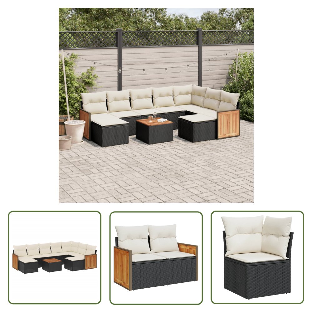 The Living Store 10-cz. zestaw wypoczynkowy do ogrodu - poduszki czarny rattan PE - Sofa Ogrodowa
