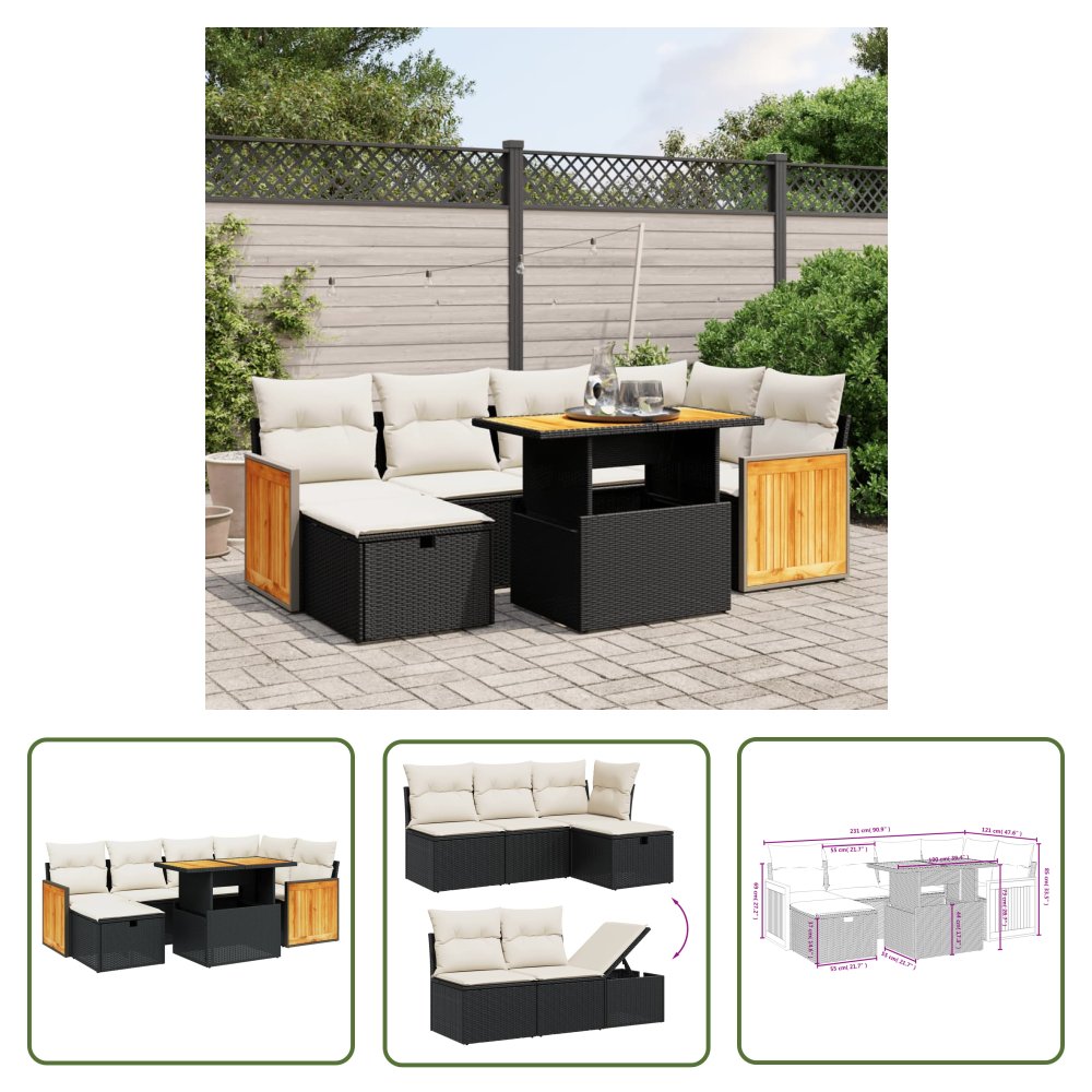 The Living Store 7-cz. zestaw wypoczynkowy do ogrodu - z poduszkami - czarny - Sofa Ogrodowa