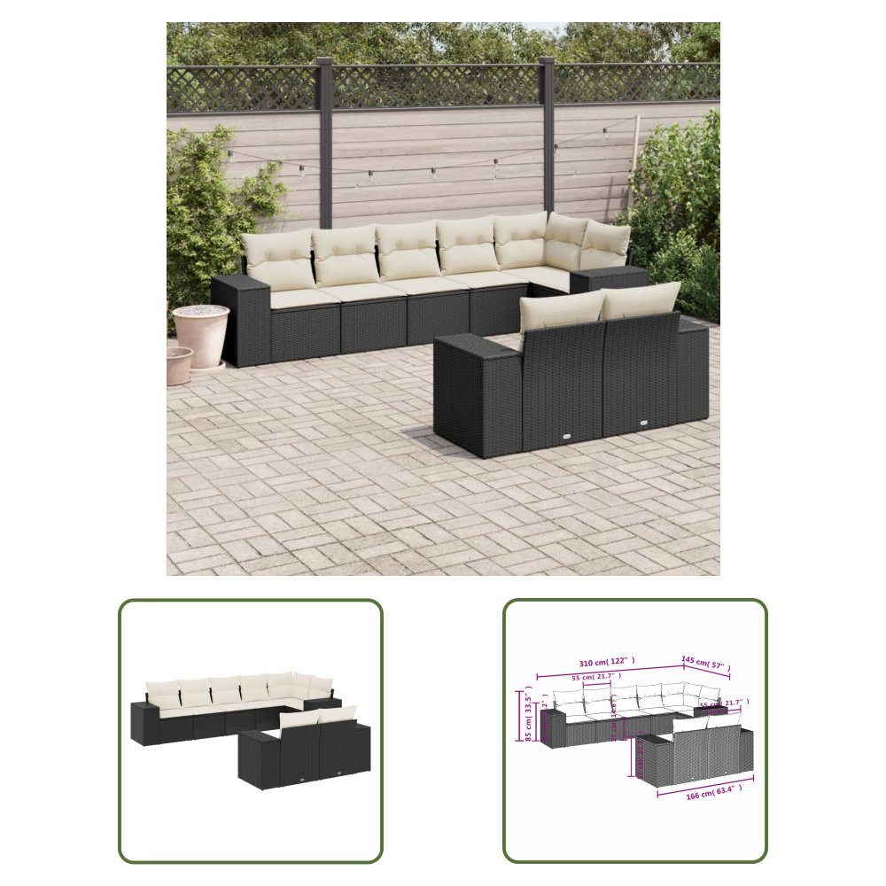 The Living Store 8-cz. zestaw wypoczynkowy do ogrodu - z poduszkami - czarny - Sofa Ogrodowa
