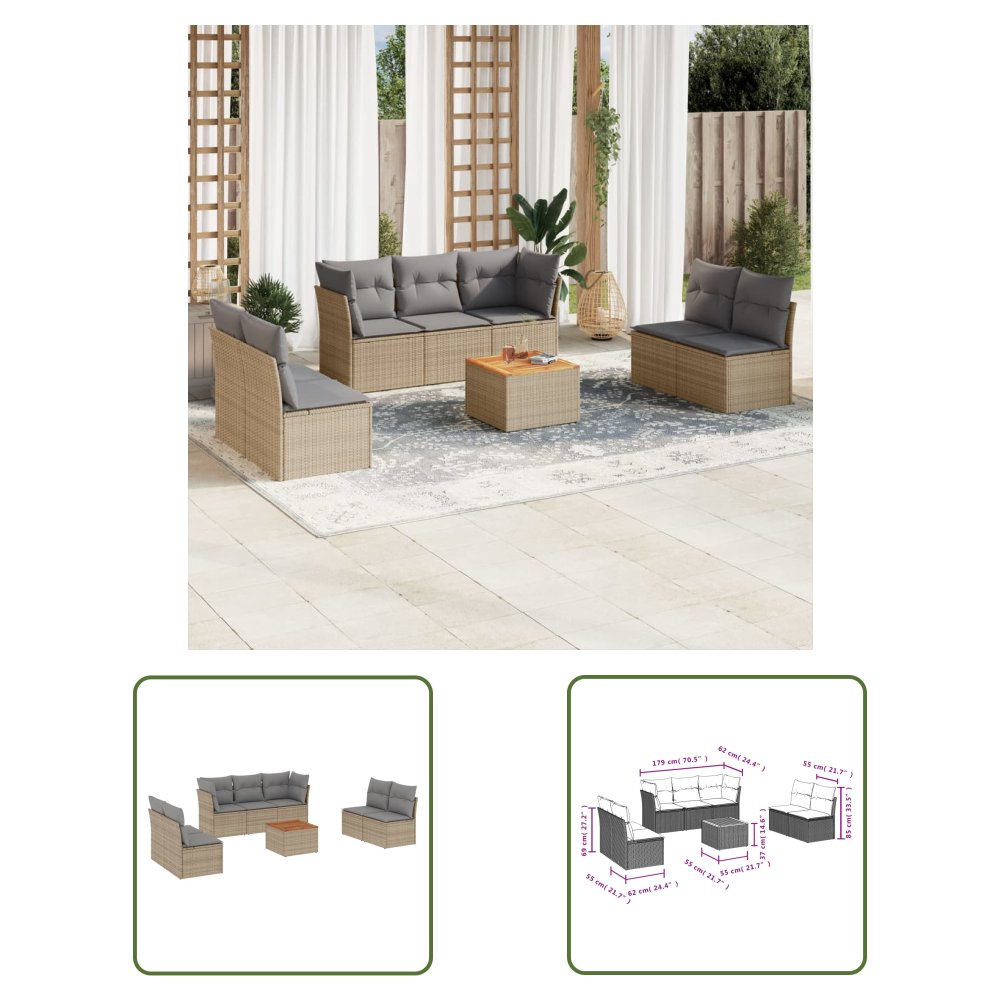 The Living Store 8-cz. zestaw mebli ogrodowych z poduszkami - beżowy - polirattan - Sofa Ogrodowa