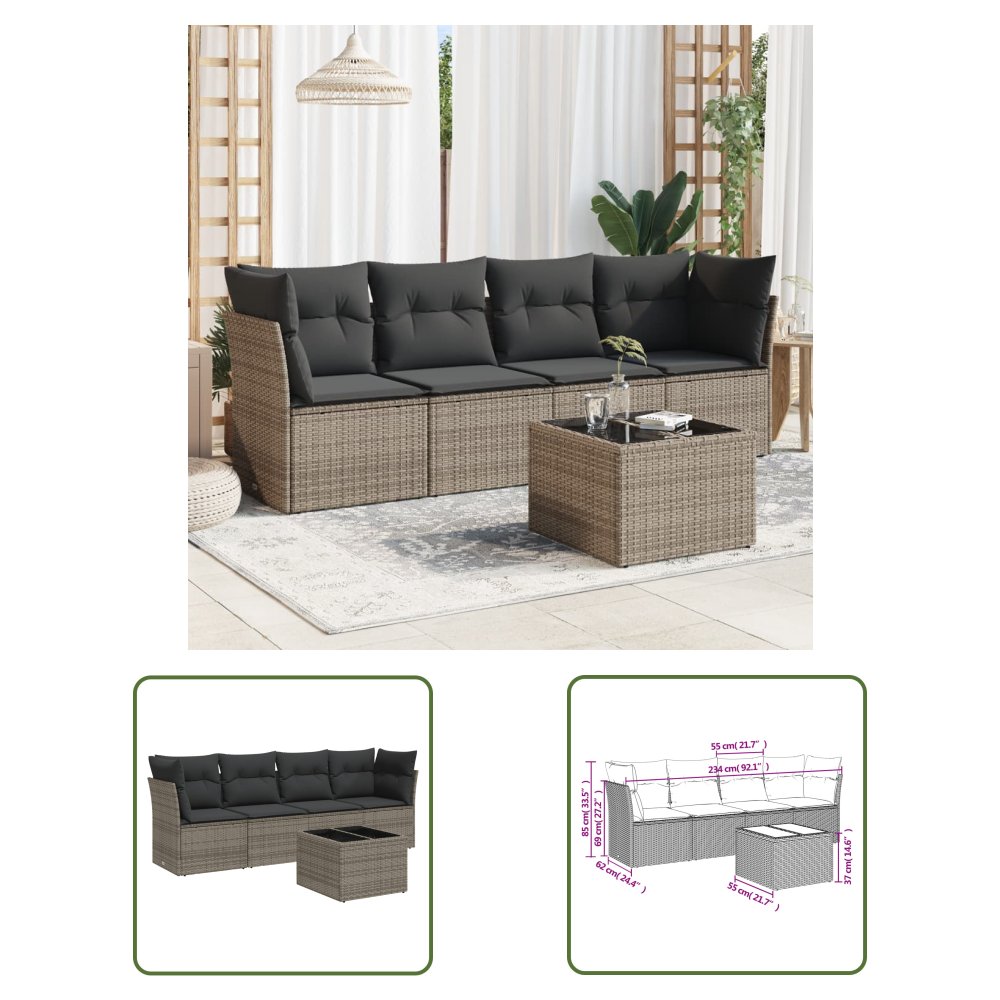 The Living Store 5-cz. zestaw wypoczynkowy do ogrodu - poduszki - szary rattan PE - Sofa Ogrodowa