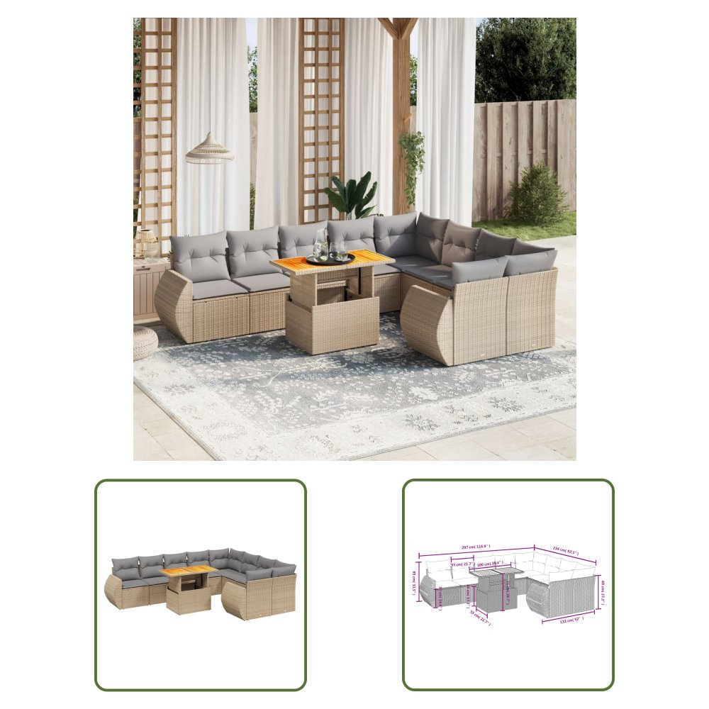 The Living Store 10-cz. zestaw mebli ogrodowych z poduszkami - beżowy - polirattan - Sofa Ogrodowa