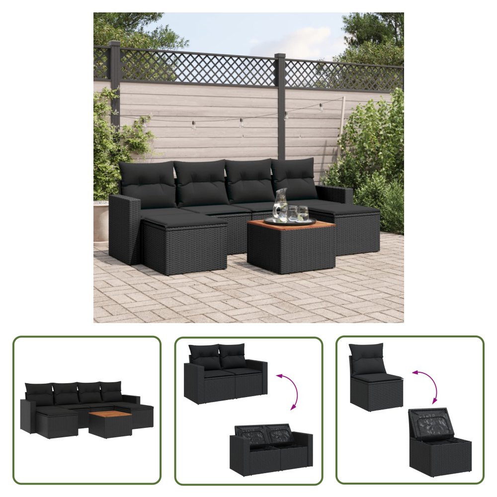 The Living Store 7-cz. zestaw wypoczynkowy do ogrodu - z poduszkami - czarny - Sofa Ogrodowa