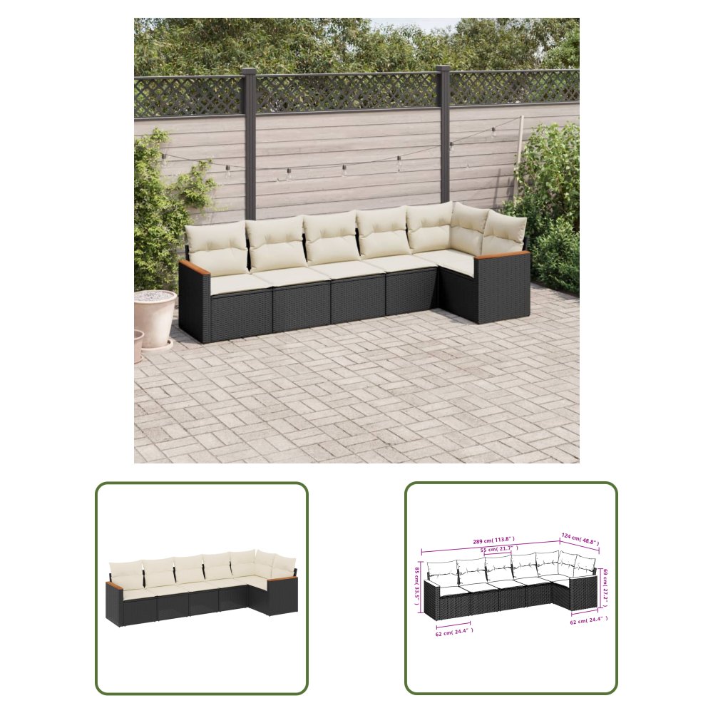 The Living Store 6-cz. zestaw mebli ogrodowych z poduszkami - czarny polirattan - Sofa Ogrodowa