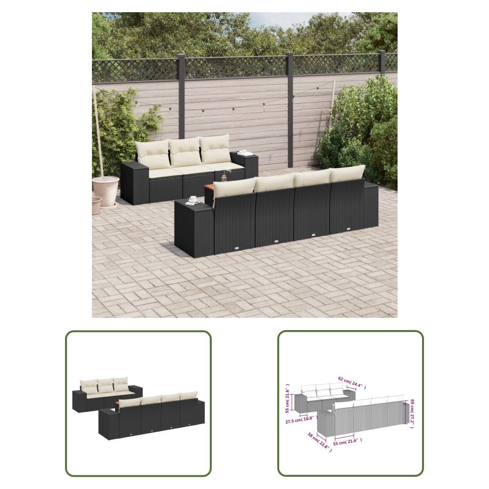 The Living Store 8-cz. zestaw wypoczynkowy do ogrodu - z poduszkami - czarny - Sofa Ogrodowa