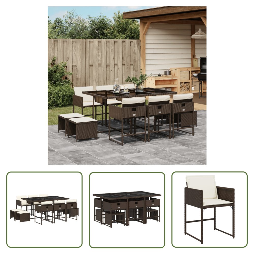 The Living Store 11-cz. zestaw mebli ogrodowych - poduszki - brązowy - rattan PE - Meble Ogrodowe