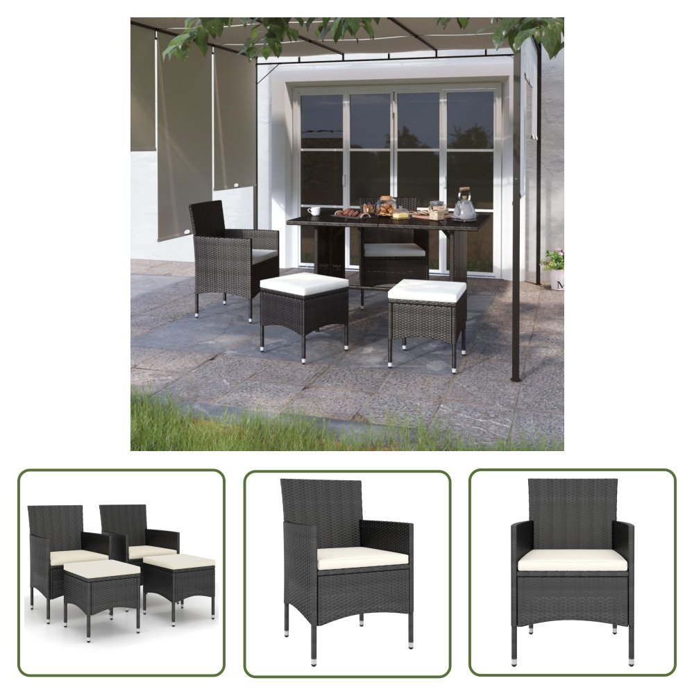 The Living Store 4-cz. zestaw krzeseł i stołków ogrodowych - rattan PE - czarny - Krzesło Ogrodowe