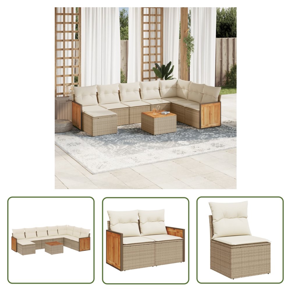 The Living Store 9-cz. zestaw mebli ogrodowych z poduszkami - beżowy - polirattan - Sofa Ogrodowa