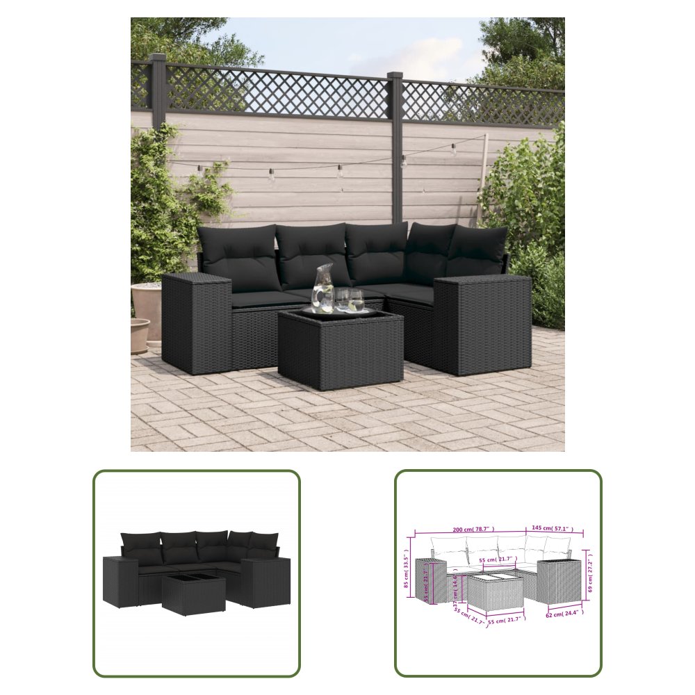 The Living Store 5-cz. zestaw wypoczynkowy do ogrodu - poduszki - czarny rattan PE - Sofa Ogrodowa