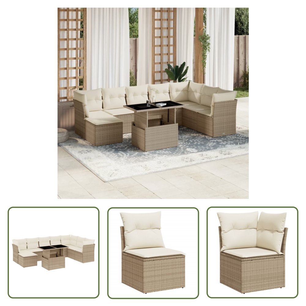 The Living Store 9-cz. zestaw mebli ogrodowych z poduszkami - beżowy - polirattan - Sofa Ogrodowa
