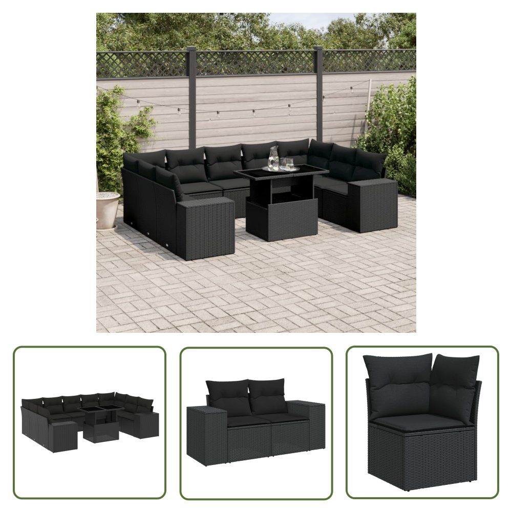 The Living Store 10-cz. zestaw wypoczynkowy do ogrodu - z poduszkami - czarny - Sofa Ogrodowa