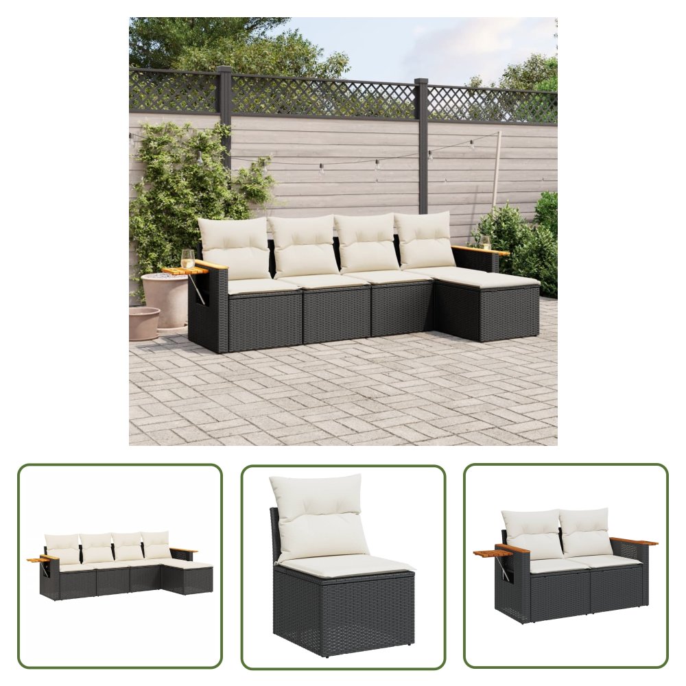 The Living Store 5-cz. zestaw wypoczynkowy do ogrodu - poduszki - czarny rattan PE - Sofa Ogrodowa