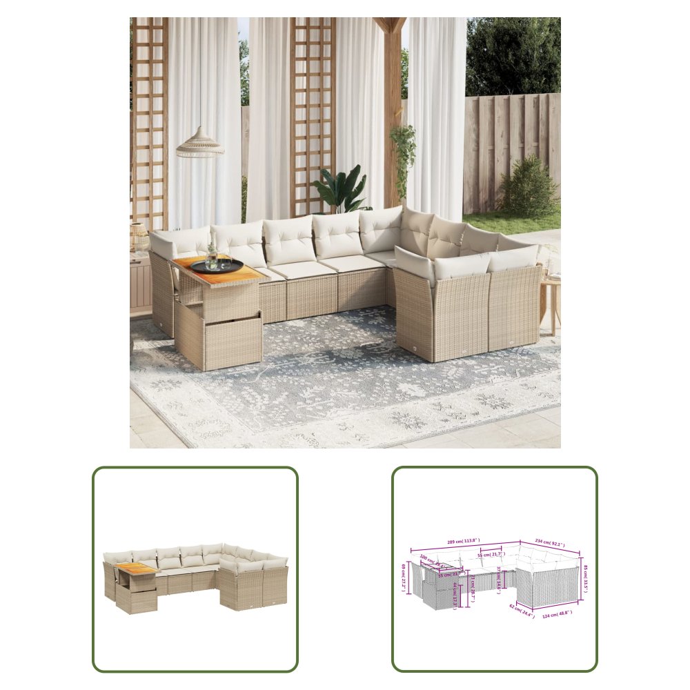 The Living Store 10-cz. zestaw mebli ogrodowych z poduszkami - beżowy - polirattan - Sofa Ogrodowa