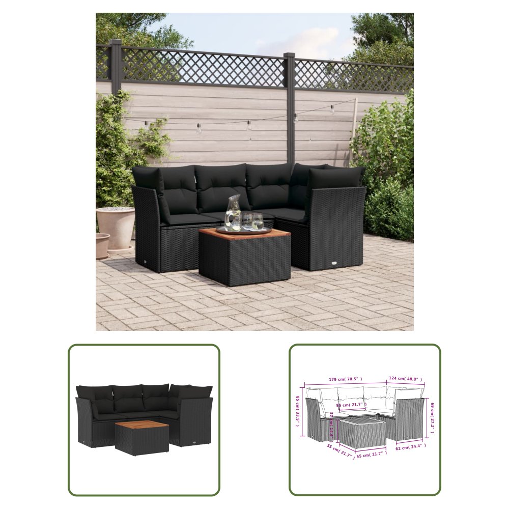 The Living Store 5-cz. zestaw wypoczynkowy do ogrodu - poduszki - czarny rattan PE - Sofa Ogrodowa