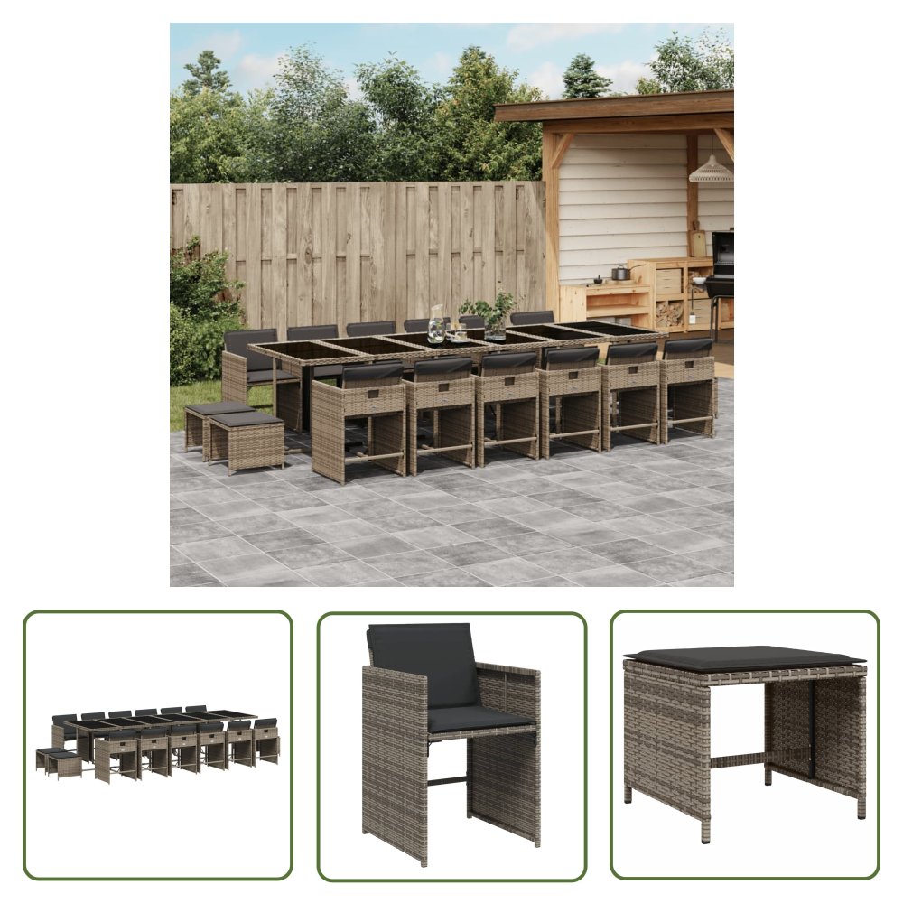 The Living Store 17-cz. zestaw mebli ogrodowych z poduszkami - szary - rattan PE - Meble Ogrodowe