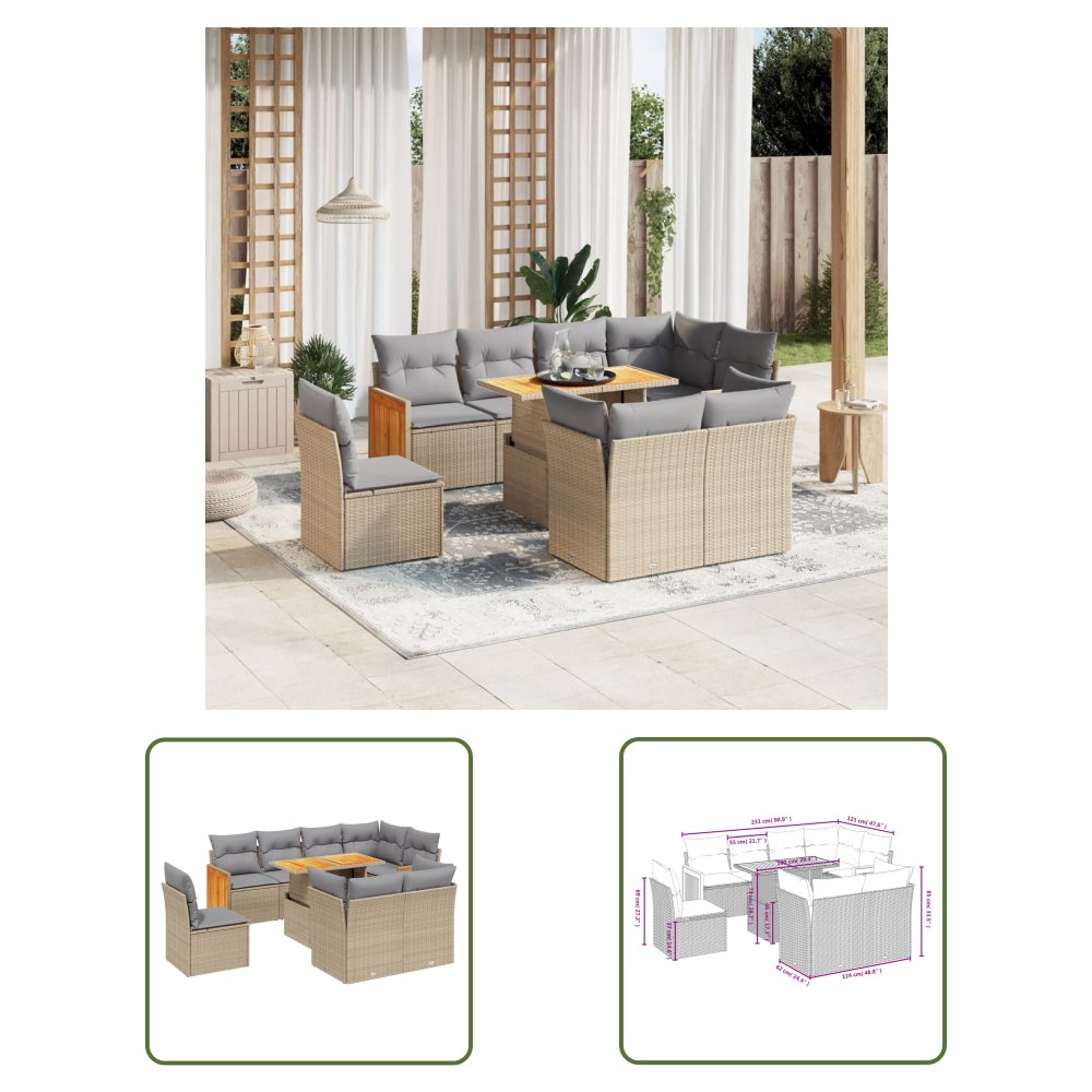 The Living Store 9-cz. zestaw mebli ogrodowych z poduszkami - beżowy - polirattan - Sofa Ogrodowa