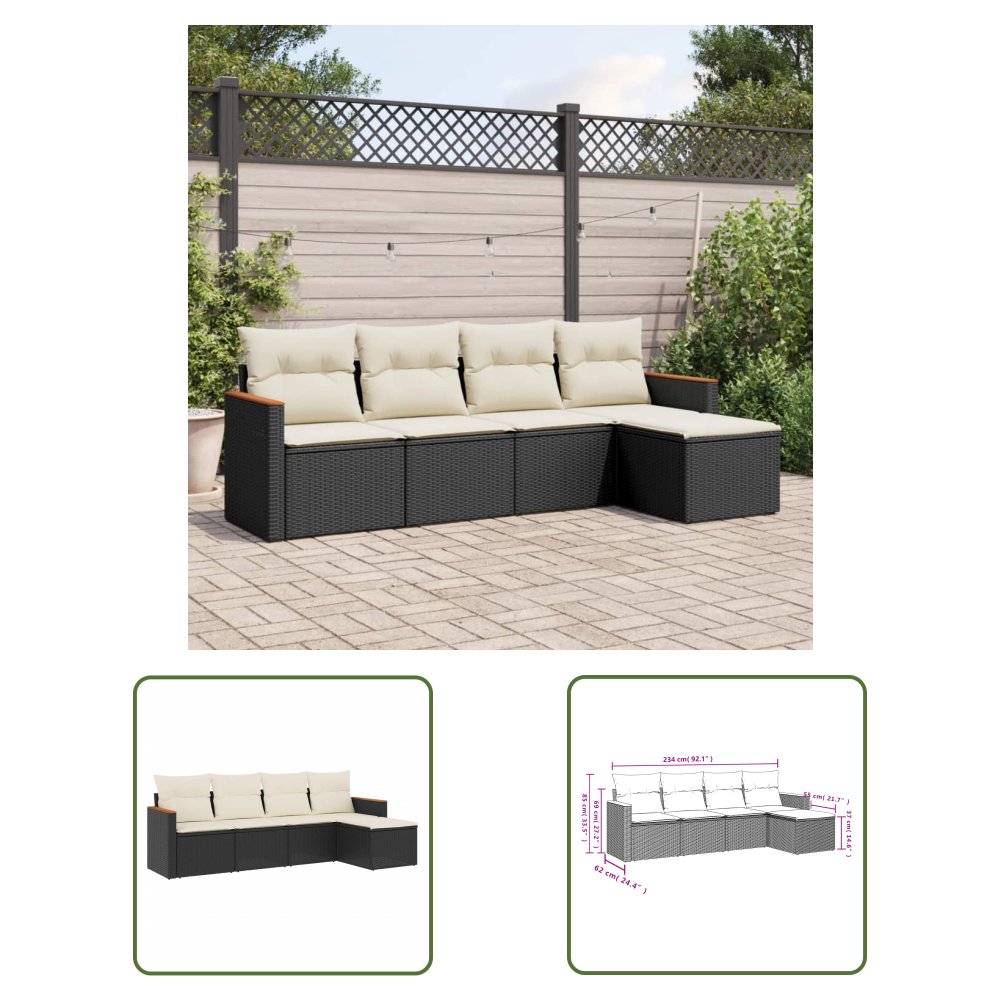 The Living Store 5-cz. zestaw wypoczynkowy do ogrodu - poduszki - czarny rattan PE - Sofa Ogrodowa