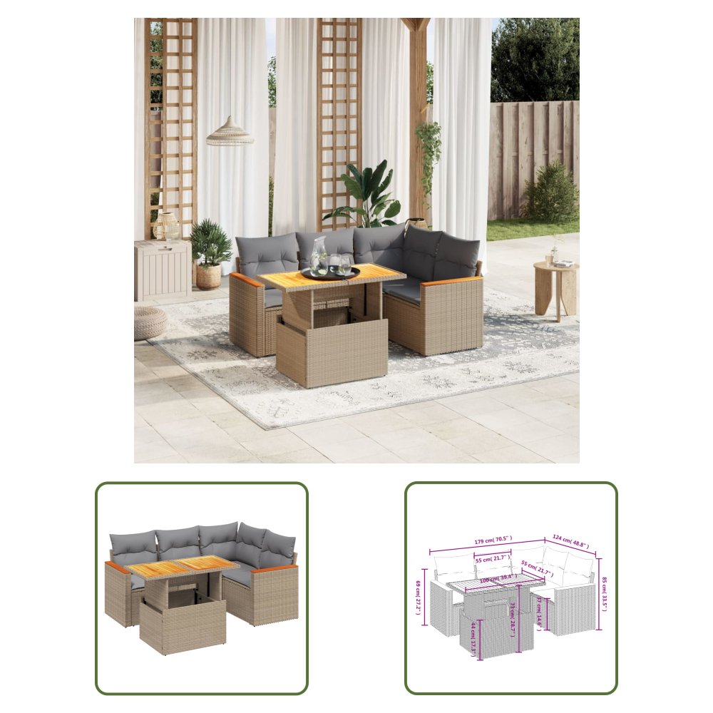 The Living Store 5-cz. zestaw mebli ogrodowych z poduszkami - beżowy - polirattan - Sofa Ogrodowa