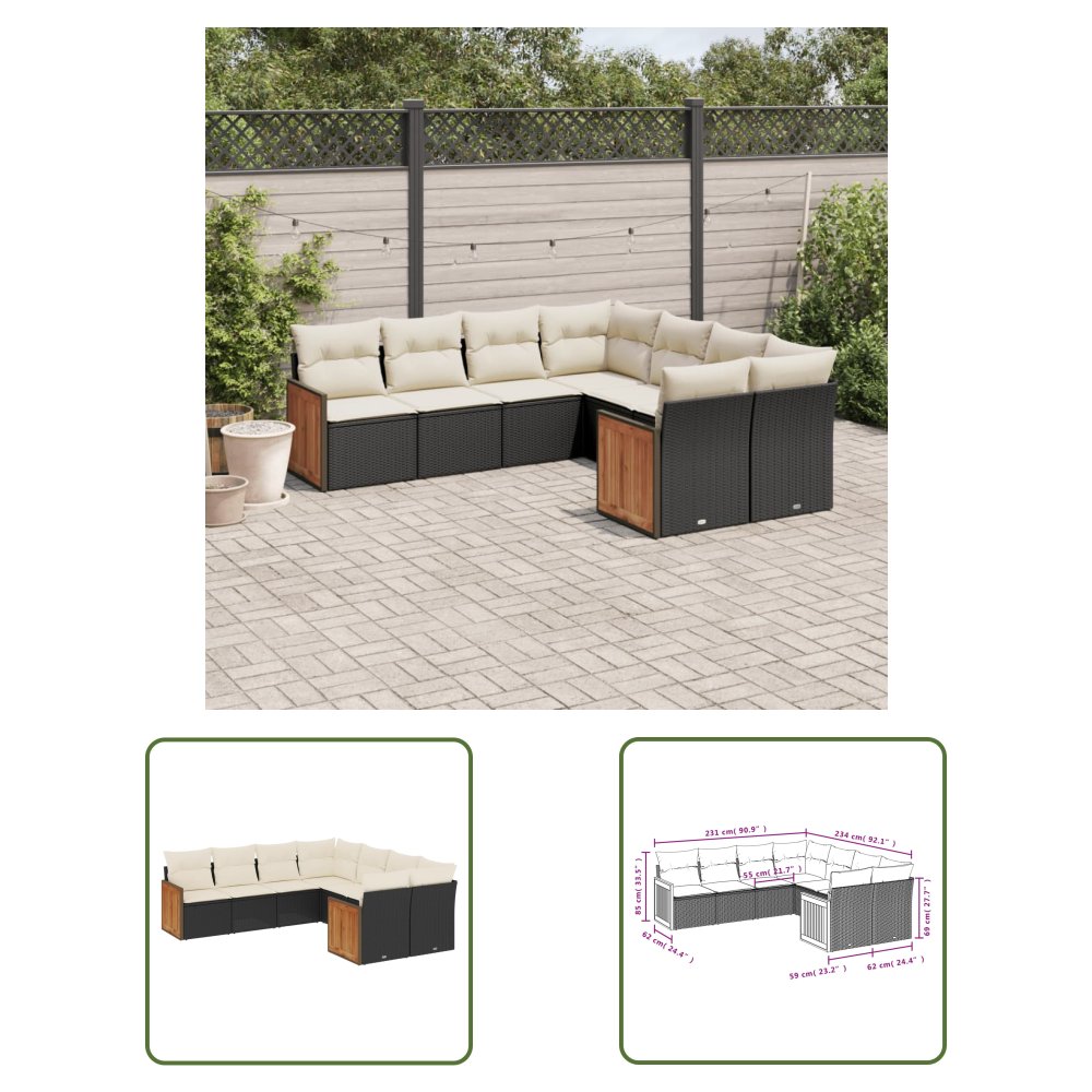 The Living Store 8-cz. zestaw wypoczynkowy do ogrodu - z poduszkami - czarny - Sofa Ogrodowa
