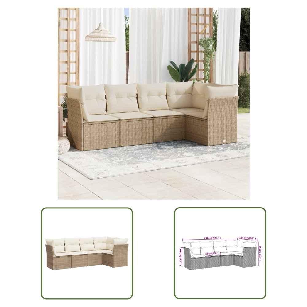 The Living Store 5-cz. zestaw mebli ogrodowych z poduszkami - beżowy - polirattan - Sofa Ogrodowa