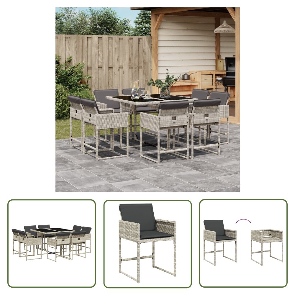 The Living Store 9-cz. zestaw mebli ogrodowych z poduszkami - jasnoszary - Meble Ogrodowe