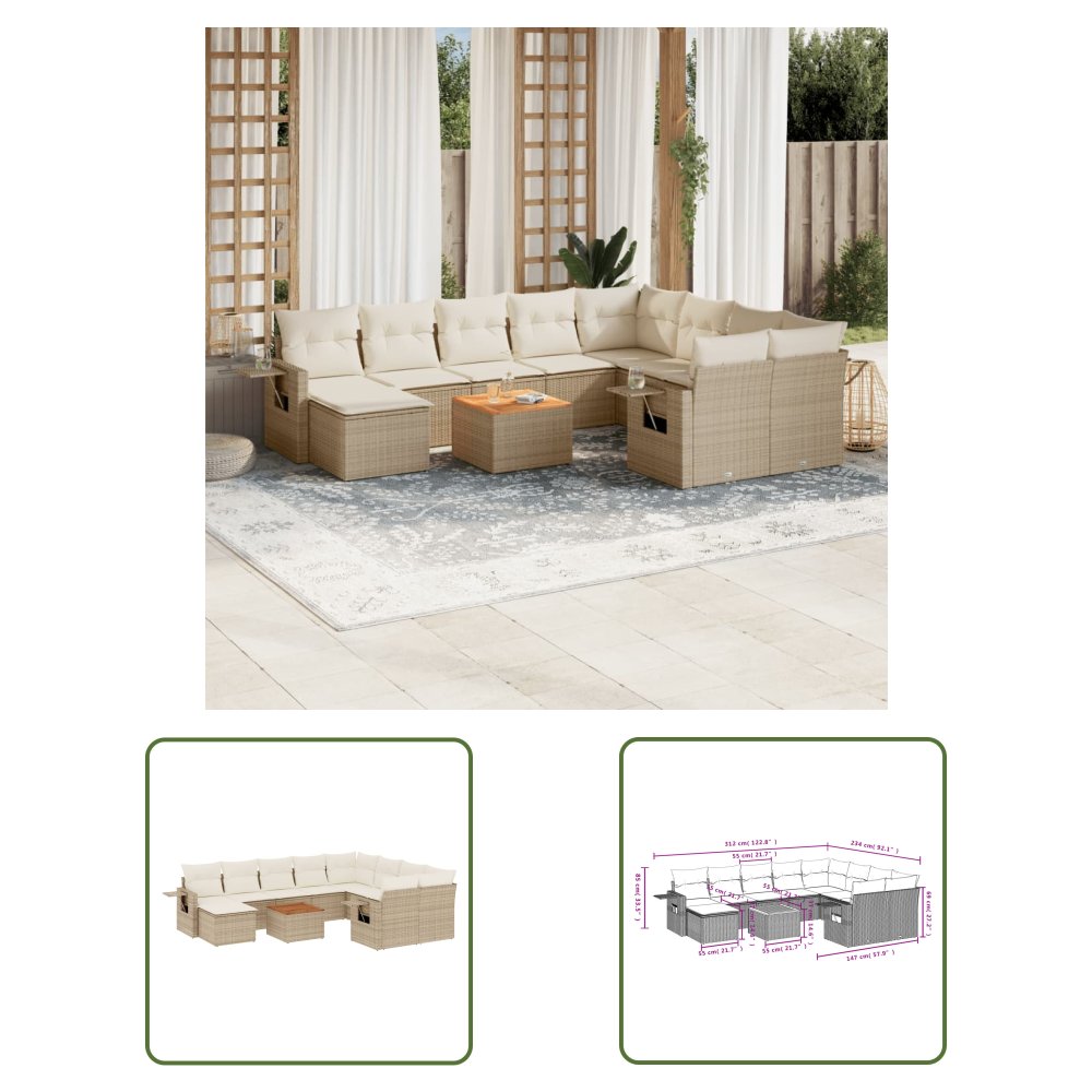 The Living Store 11-cz. zestaw mebli ogrodowych z poduszkami - beżowy - polirattan - Sofa Ogrodowa