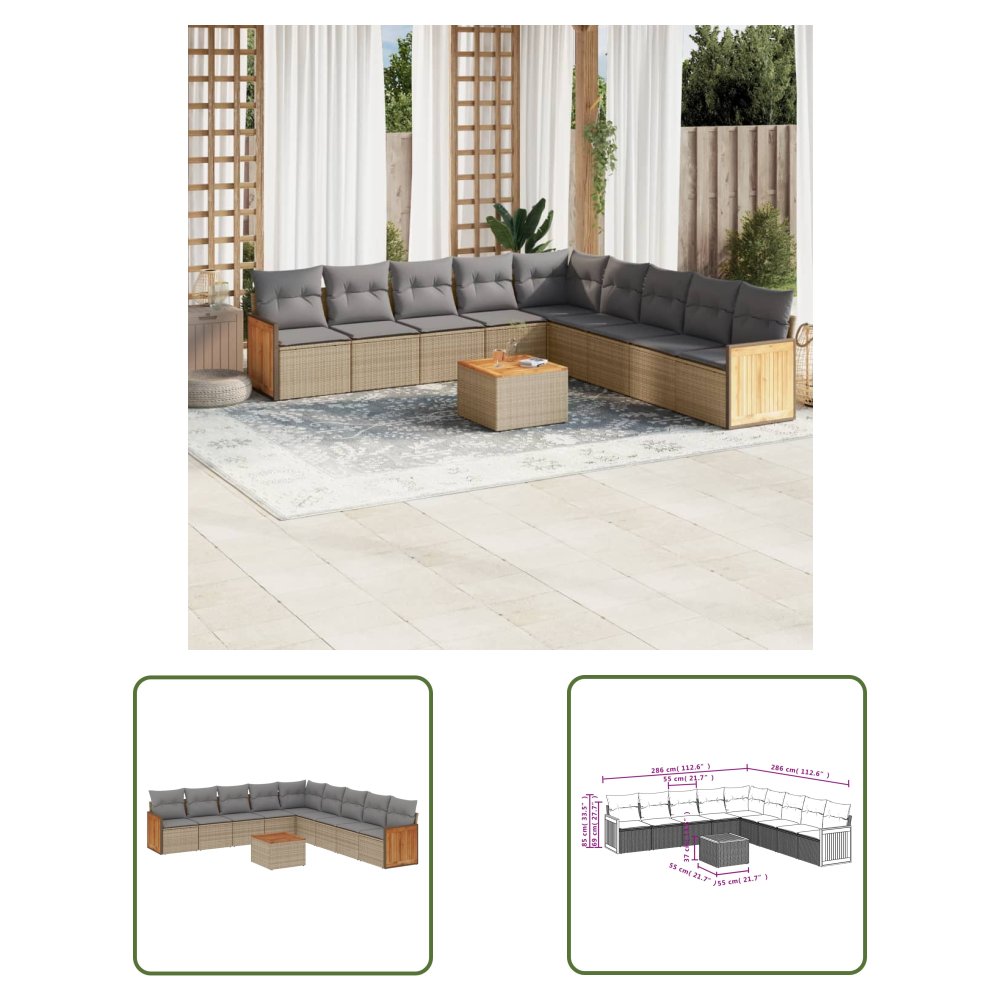 The Living Store 10-cz. zestaw mebli ogrodowych z poduszkami - beżowy - polirattan - Sofa Ogrodowa