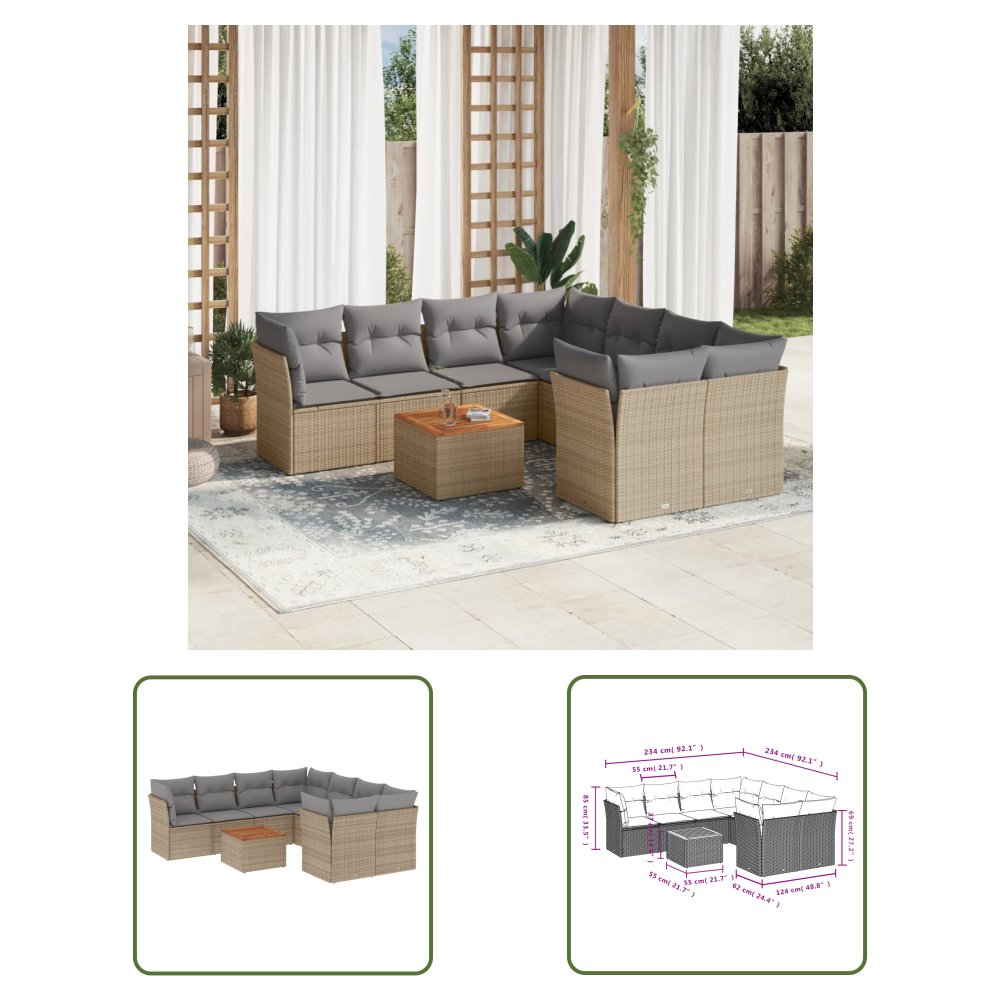 The Living Store 9-cz. zestaw mebli ogrodowych z poduszkami - beżowy - polirattan - Sofa Ogrodowa
