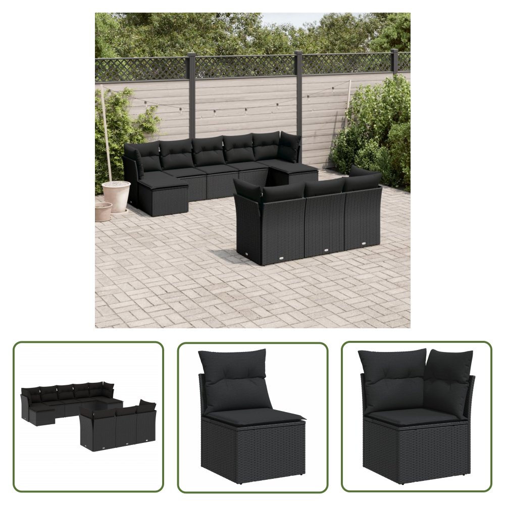 The Living Store 10-cz. zestaw wypoczynkowy do ogrodu - poduszki czarny rattan PE - Sofa Ogrodowa