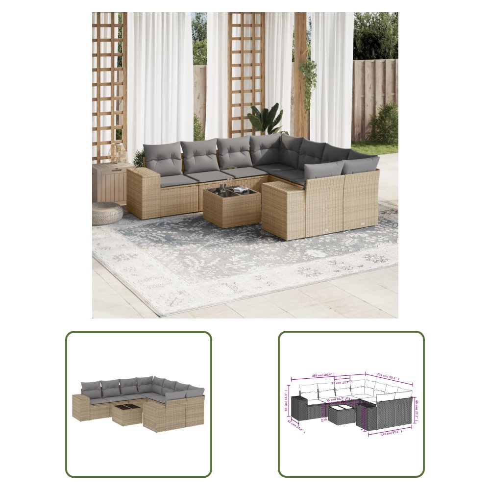 The Living Store 9-cz. zestaw mebli ogrodowych z poduszkami - beżowy - polirattan - Sofa Ogrodowa