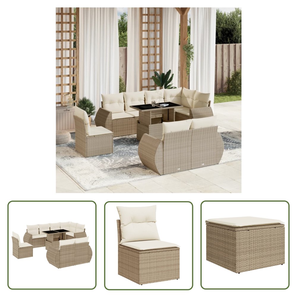 The Living Store 9-cz. zestaw mebli ogrodowych z poduszkami - beżowy - polirattan - Sofa Ogrodowa