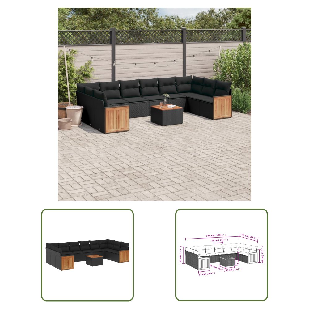The Living Store 11-cz. zestaw wypoczynkowy do ogrodu - poduszki czarny rattan PE - Sofa Ogrodowa