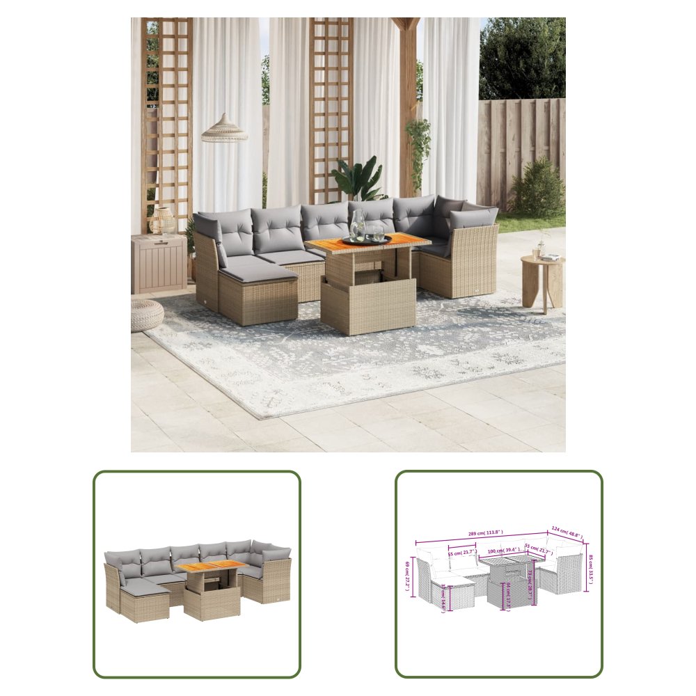 The Living Store 8-cz. zestaw mebli ogrodowych z poduszkami - beżowy - polirattan - Sofa Ogrodowa