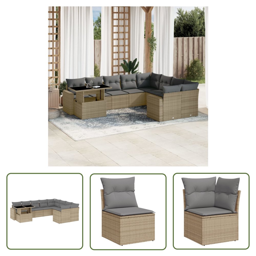 The Living Store 10-cz. zestaw mebli ogrodowych z poduszkami - beżowy - polirattan - Sofa Ogrodowa