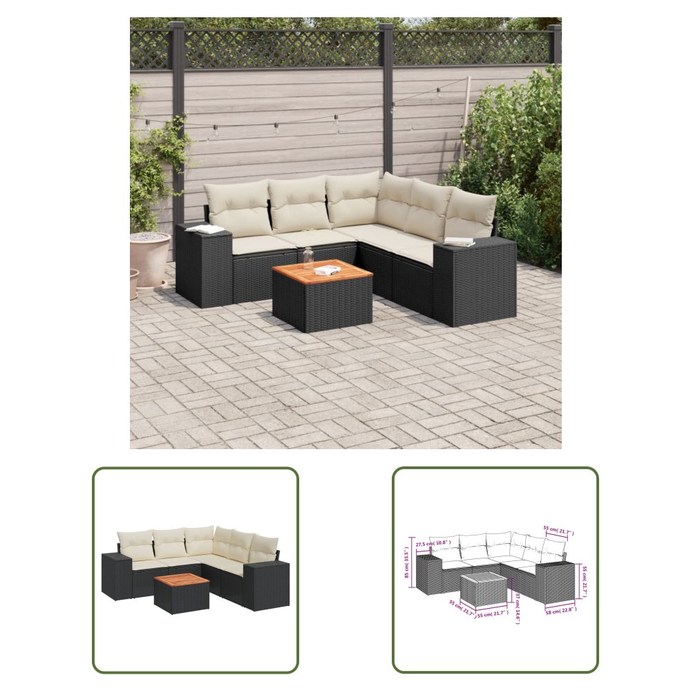 The Living Store 6-cz. zestaw mebli ogrodowych z poduszkami - czarny polirattan - Sofa Ogrodowa