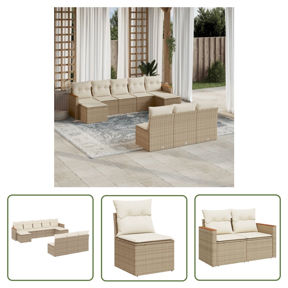 The Living Store 10-cz. zestaw mebli ogrodowych z poduszkami - beżowy - polirattan - Sofa Ogrodowa