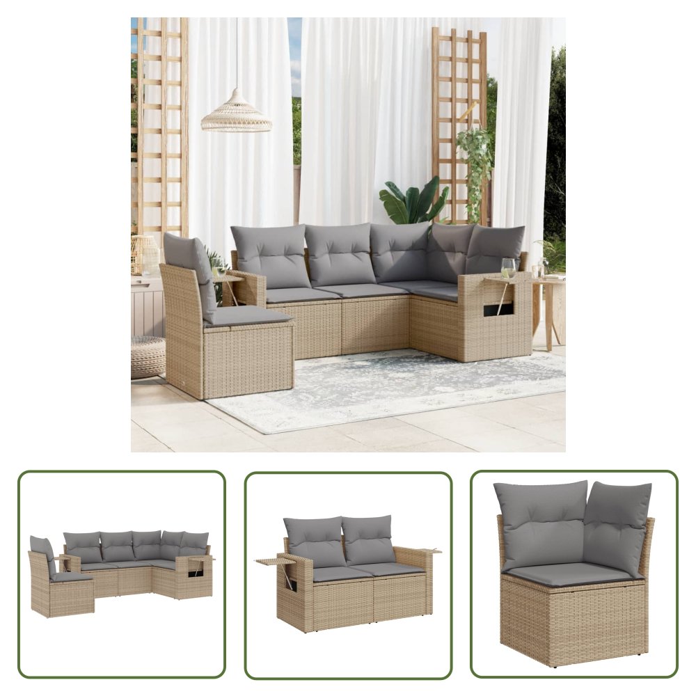 The Living Store 5-cz. zestaw mebli ogrodowych z poduszkami - beżowy - polirattan - Sofa Ogrodowa