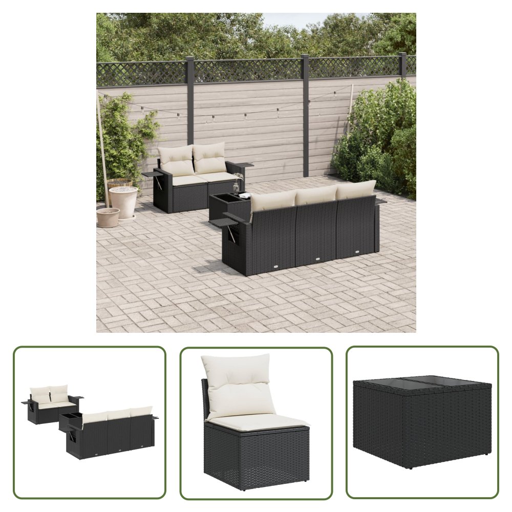 The Living Store 6-cz. zestaw mebli ogrodowych z poduszkami - czarny polirattan - Sofa Ogrodowa