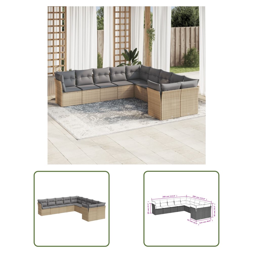 The Living Store 10-cz. zestaw mebli ogrodowych z poduszkami - beżowy - polirattan - Sofa Ogrodowa