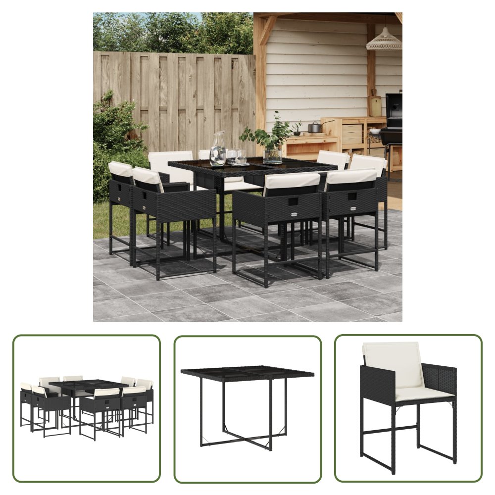The Living Store 9-cz. zestaw mebli ogrodowych z poduszkami - czarny - rattan PE - Meble Ogrodowe